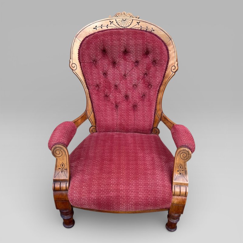 Antique Victorian Satin Burch Red Button Back Armchair with Turned Legs - Image 5